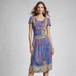 Etro Blue Floral Border Print Midi Dress US S Stretch Knit Boho Festival
